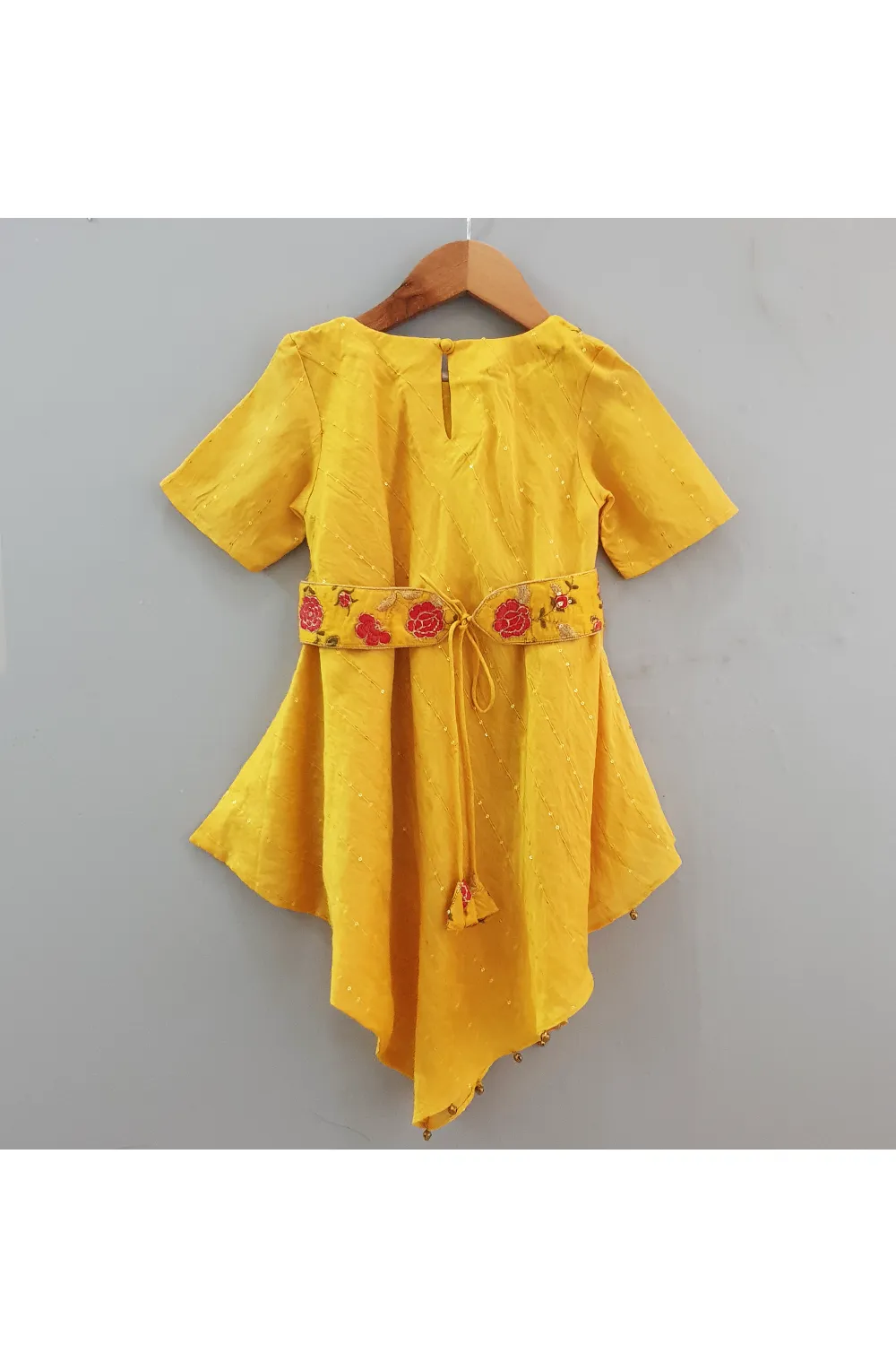 Yellow cowl kurta with embroidered belt and pants