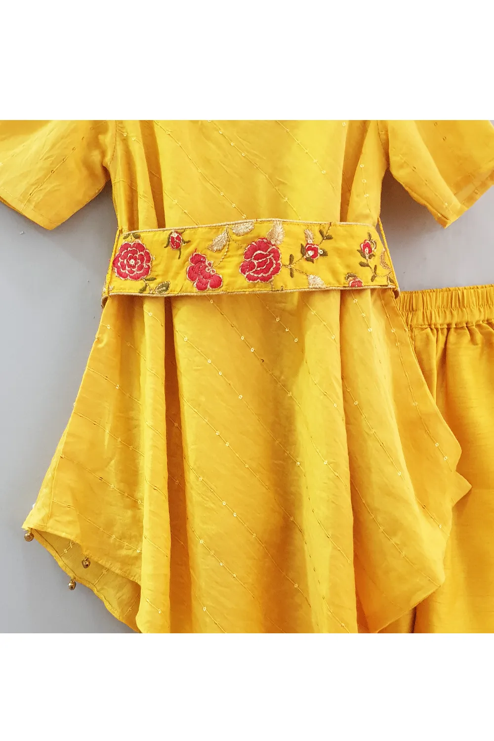 Yellow cowl kurta with embroidered belt and pants