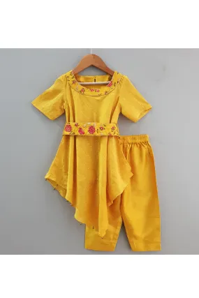 Yellow cowl kurta with embroidered belt and pants