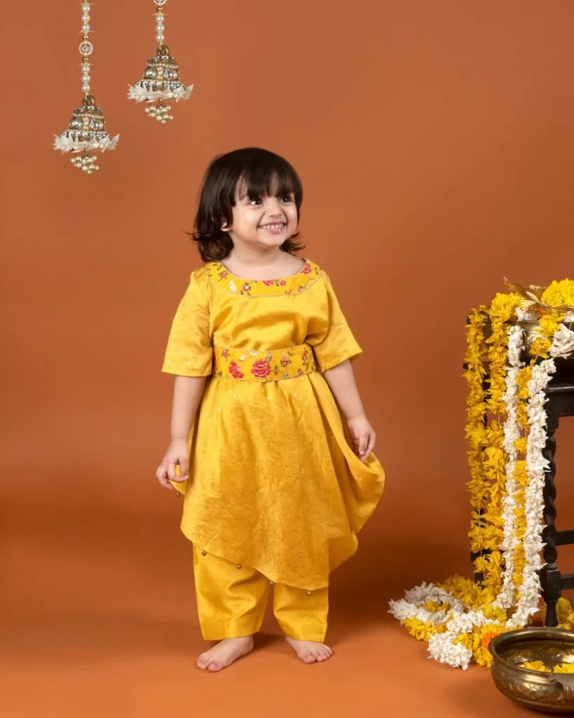 Yellow cowl kurta with embroidered belt and pants