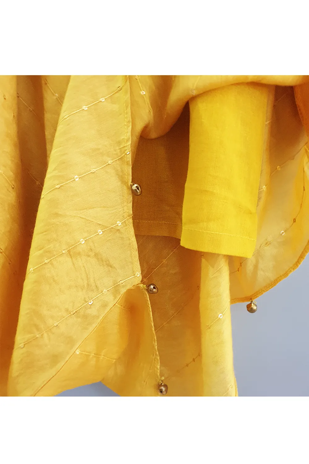 Yellow cowl kurta with embroidered belt and pants