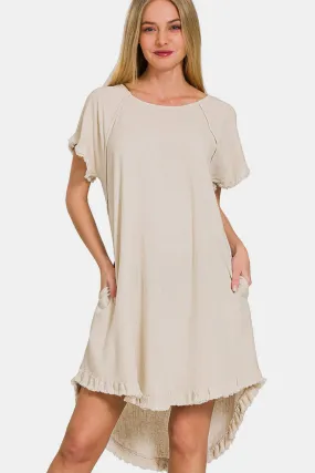 Zenana Fringe Edge High Low Flowy Dress with Pockets